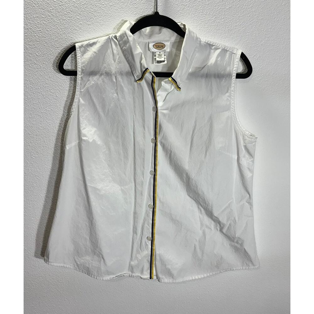 Talbots White Sleeveless Button Front Cotton Blouse Stripe Trim Womens M Y2K